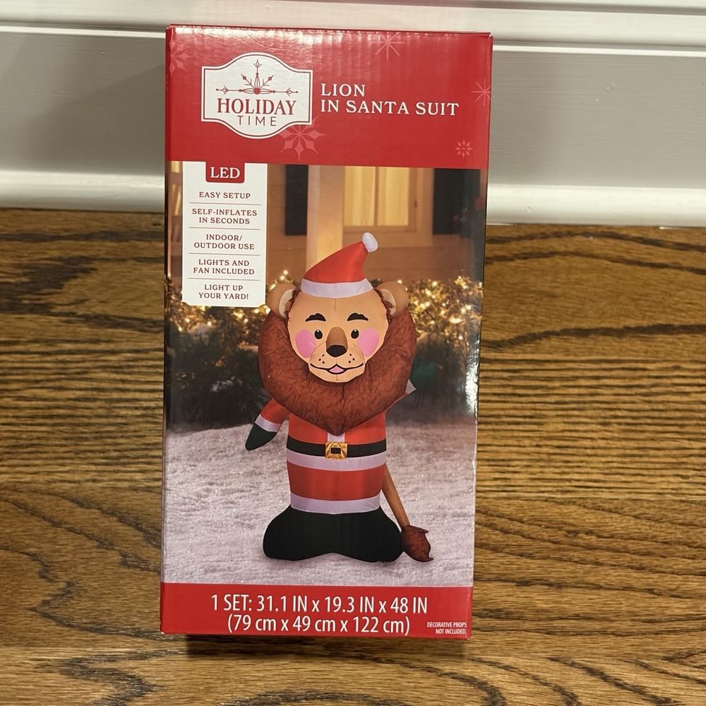 4 Foot Tall Christmas Holiday Time Lion In Santa Suit Airblown Inflatable